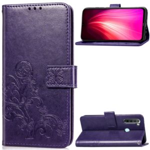 For Xiaomi Redmi Note 8 Four-leaf Clasp Embossed Buckle Mobile Phone Protection Leather Case with Lanyard & Card Slot & Wallet & Bracket Function(Purple) (OEM)