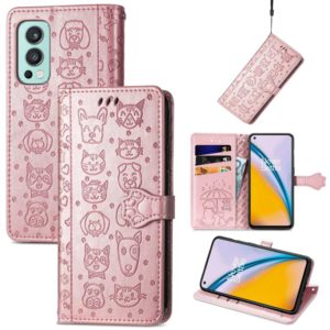 For OnePlus Nord 2 5G Lovely Cat and Dog Embossing Pattern Horizontal Flip Leather Case , with Holder & Card Slots & Wallet & Cartoon Clasp & Lanyard(Rose Gold) (OEM)