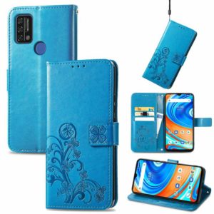 For UMIDIGI A9 Four-leaf Clasp Embossed Buckle Mobile Phone Protection Leather Case with Lanyard & Card Slot & Wallet & Bracket Function(Blue) (OEM)