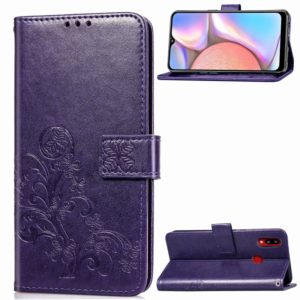 For Galaxy A10s Four-leaf Clasp Embossed Buckle Mobile Phone Protection Leather Case with Lanyard & Card Slot & Wallet & Bracket Function(Purple) (OEM)