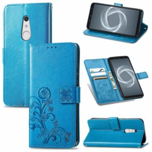 For FUJITSU F-41B Four-leaf Clasp Embossed Buckle Mobile Phone Protection Leather Case with Lanyard & Card Slot & Wallet & Bracket Function(Blue) (OEM)