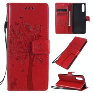 For Sony Xperia 10 II Tree & Cat Embossed Pattern Horizontal Flip Leather Case with Holder & Card Slots & Wallet & Lanyard(Red) (OEM)