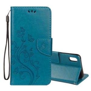 For iPhone XR Embossed Butterfly Pattern Horizontal Flip Leather Case with Card Slot & Holder & Wallet & Lanyard (Blue) (OEM)