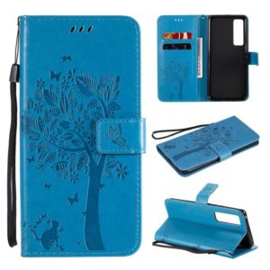 For Huawei Nova 7 Pro Tree & Cat Embossed Pattern Horizontal Flip Leather Case with Holder & Card Slots & Wallet & Lanyard(Blue) (OEM)