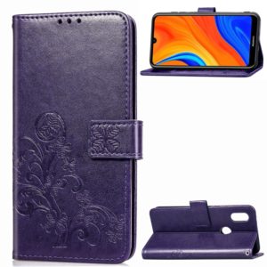 For Huawei Y6s (2019) Four-leaf Clasp Embossed Buckle PU Leather Case with Lanyard & Card Slot & Wallet & Holder(Purple) (OEM)