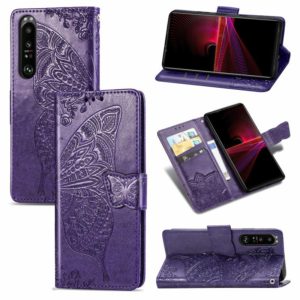 For Sony Xperia 1 III Butterfly Love Flower Embossed Horizontal Flip Leather Case with Bracket / Card Slot / Wallet / Lanyard(Dark Purple) (OEM)