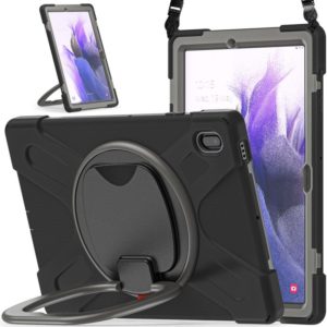 For Samsung Galaxy Tab S7 FE T730 Silicone + PC Protective Case with Holder & Shoulder Strap(Black+Grey) (OEM)
