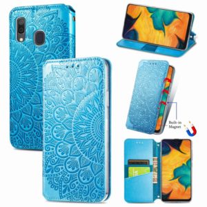 For Samsung Galaxy A20 / A30 Blooming Mandala Embossed Pattern Magnetic Horizontal Flip Leather Case with Holder & Card Slots & Wallet(Blue) (OEM)