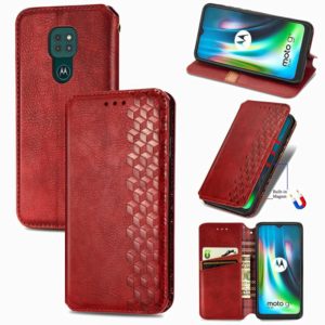 For Motorola Moto G9 Play Cubic Grid Pressed Horizontal Flip Magnetic PU Leather Case with Holder & Card Slots & Wallet(Red) (OEM)