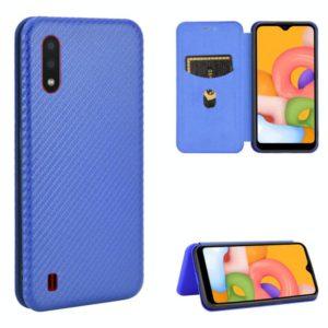 For Samsung Galaxy A01 Carbon Fiber Texture Horizontal Flip TPU + PC + PU Leather Case with Rope & Card Slot(Blue) (OEM)