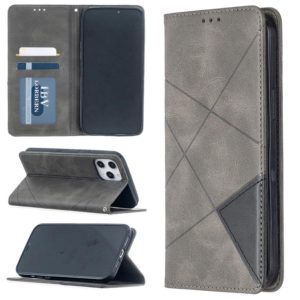 For iPhone 12 Pro Max Rhombus Texture Horizontal Flip Magnetic Leather Case with Holder & Card Slots(Grey) (OEM)
