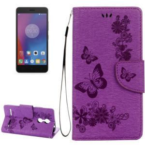 For Lenovo K6 5.0 inch Butterflies Embossing Horizontal Flip Leather Case with Holder & Card Slots & Wallet & Lanyard(Purple) (OEM)
