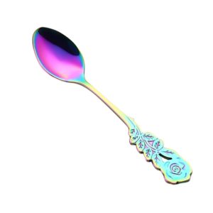 Small Mini Stainless Steel Rose Flower Coffee Spoon Strring Spoon Teaspoon Tea Spoon Dessert Spoon Long Handle Tableware(Multicolor) (OEM)