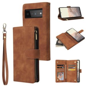 For Google Pixel 6 Pro Multifunctional Frosted Zipper Wallet Leather Phone Case(Brown) (OEM)