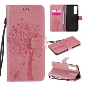 For Huawei Nova 7 Pro Tree & Cat Embossed Pattern Horizontal Flip Leather Case with Holder & Card Slots & Wallet & Lanyard(Pink) (OEM)