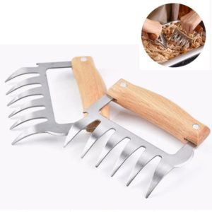 2 PCS Bear Claw Shaped stainless steel Barbecue Fork Chicken Shredded Wooden Handle Anti-skid Creative Kitchen Fork Claw Meat Claw Splitter with (Wood color) (OEM)