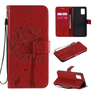 For Samsung Galaxy A71 5G Tree & Cat Embossed Pattern Horizontal Flip Leather Case with Holder & Card Slots & Wallet & Lanyard(Red) (OEM)
