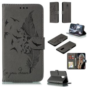 Feather Pattern Litchi Texture Horizontal Flip Leather Case with Wallet & Holder & Card Slots For LG Stylo 5(Gray) (OEM)
