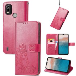 For Nokia C21 Plus Four-leaf Clasp Embossed Buckle Leather Phone Case(Rose Red) (OEM)