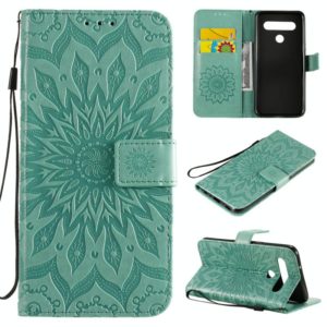For LG K61 Pressed Printing Sunflower Pattern Horizontal Flip PU Leather Case Holder & Card Slots & Wallet & Lanyard(Green) (OEM)