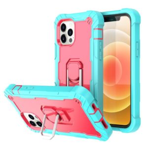 For iPhone 12 mini PC + Rubber 3-layers Shockproof Protective Case with Rotating Holder (Mint Green + Rose Red) (OEM)
