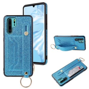 For Huawei P30 Glitter Powder PU+TPU Shockproof Protective Case with Holder & Card Slots & Wrist Strap(Blue) (OEM)