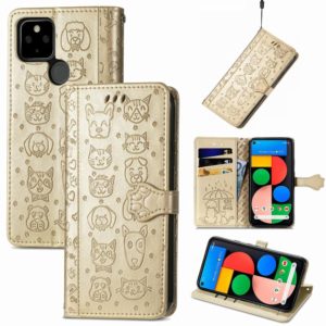 For Google Pixel 5a 5G Lovely Cat and Dog Embossing Pattern Horizontal Flip Leather Case , with Holder & Card Slots & Wallet & Cartoon Clasp & Lanyard(Gold) (OEM)