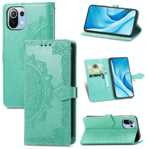 Halfway Mandala Embossing Pattern Horizontal Flip Leather Case with Holder & Card Slots & Wallet & Lanyard For Xiaomi 11 Lite(Green) (OEM)