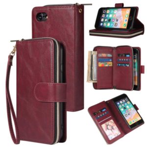 For iPhone SE 2022 / SE 2020 / 8 / 7 Zipper Wallet Bag Horizontal Flip PU Leather Case with Holder & 9 Card Slots & Wallet & Lanyard & Photo Frame(Wine Red) (OEM)