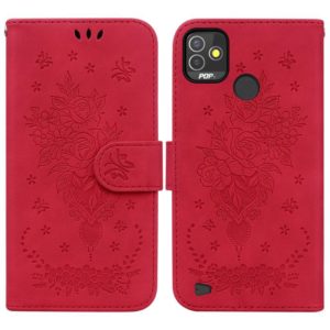 For Tecno Pop 5P Butterfly Rose Embossed Leather Phone Case(Red) (OEM)