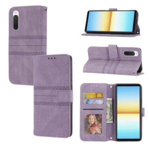 For Sony Xperia 10 IV Embossed Striped Magnetic Buckle Horizontal Flip Phone Leather Case(Purple) (OEM)