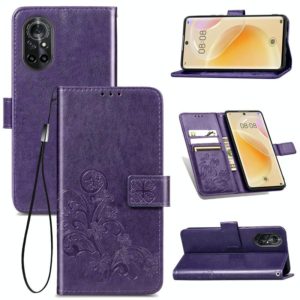 For Huawei Nova 8 Four-leaf Clasp Embossed Buckle Mobile Phone Protection Leather Case with Lanyard & Card Slot & Wallet & Bracket Function(Purple) (OEM)