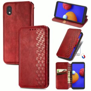 For Samsung Galaxy A01 Core Cubic Grid Pressed Horizontal Flip Magnetic PU Leather Case with Holder & Card Slots & Wallet(Red) (OEM)