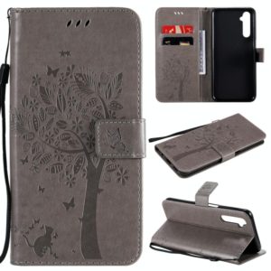 For OPPO Realme 6 Tree & Cat Embossed Pattern Horizontal Flip Leather Case with Holder & Card Slots & Wallet & Lanyard(Grey) (OEM)