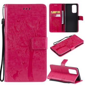 For OnePlus 9 Pro Tree & Cat Pattern Pressed Printing Horizontal Flip PU Leather Case with Holder & Card Slots & Wallet & Lanyard(Rose Red) (OEM)