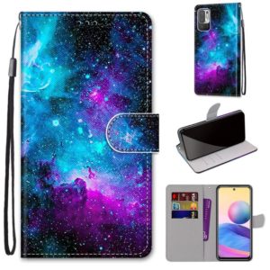 For Xiaomi Redmi Note 10 5G Coloured Drawing Cross Texture Horizontal Flip PU Leather Case with Holder & Card Slots & Wallet & Lanyard(Purple Green Starry Sky) (OEM)