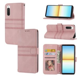 For Sony Xperia 10 IV Embossed Striped Magnetic Buckle Horizontal Flip Phone Leather Case(Pink) (OEM)