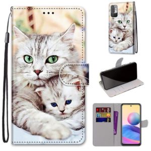 For Xiaomi Redmi Note 10 5G Coloured Drawing Cross Texture Horizontal Flip PU Leather Case with Holder & Card Slots & Wallet & Lanyard(Big Cat Holding Kitten) (OEM)