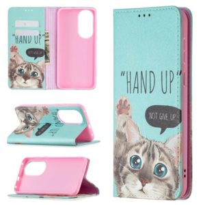 For Huawei P50 Colored Drawing Pattern Invisible Magnetic Horizontal Flip PU Leather Case with Holder & Card Slots & Wallet(Cat) (OEM)