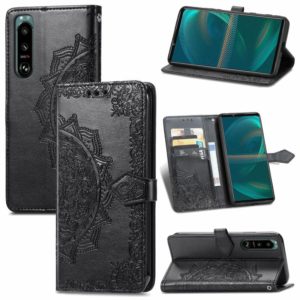 For Sony Xperia 5 III Mandala Flower Embossed Horizontal Flip Leather Case with Bracket / Card Slot / Wallet / Lanyard(Black) (OEM)