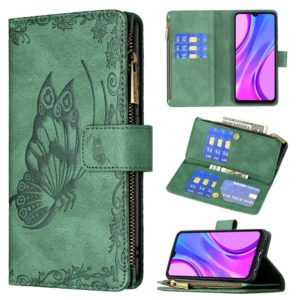 For Xiaomi Redmi 9 Flying Butterfly Embossing Pattern Zipper Horizontal Flip Leather Case with Holder & Card Slots & Wallet(Green) (OEM)