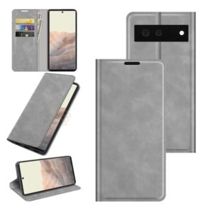 For Google Pixel 6 Retro-skin Business Magnetic Suction Leather Case with Holder & Card Slots & Wallet(Grey) (OEM)