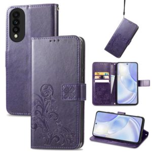 For Huawei nova 8 SE Youth Four-leaf Clasp Embossed Buckle Mobile Phone Protection Leather Case with Lanyard & Card Slot & Wallet & Bracket Function(Purple) (OEM)