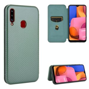 For Samsung Galaxy A20s Carbon Fiber Texture Horizontal Flip TPU + PC + PU Leather Case with Rope & Card Slot(Green) (OEM)