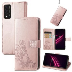 For T-Mobile REVVL V+ 5G Four-leaf Clasp Embossed Buckle Mobile Phone Protection Leather Case with Lanyard & Card Slot & Wallet & Bracket Function(Rose Gold) (OEM)