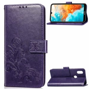 Lucky Clover Pressed Flowers Pattern Leather Case for Huawei Y6 2019, with Holder & Card Slots & Wallet & Hand Strap (Purple) (OEM)