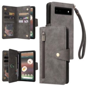 For Google Pixel 6a Rivet Buckle 9 Cards Three Fold Leather Phone Case(Grey) (OEM)