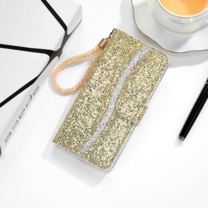 For Samsung Galaxy A42 Glitter Powder Horizontal Flip Leather Case with Card Slots & Holder & Lanyard(Gold) (OEM)