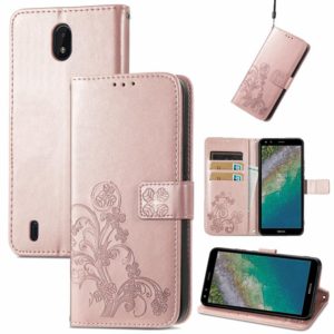 For Nokia C01 Plus Four-leaf Clasp Embossed Buckle Mobile Phone Protection Leather Case with Lanyard & Card Slot & Wallet & Bracket Function(Rose Gold) (OEM)