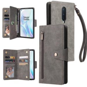 For OnePlus 8 Rivet Buckle 9 Cards Three Fold Leather Phone Case(Grey) (OEM)